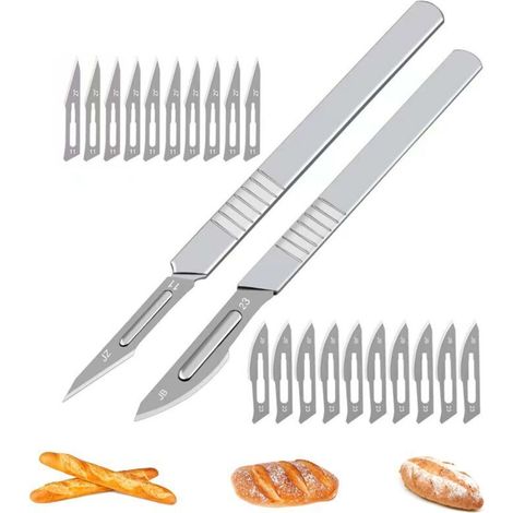 2+20 pcs Boulanger à Pain,Lame A Pain,Couteau À Pain,Lame a Pain en Acier Carbone,Outil de Notation du Pain,avec 20 Acier Inoxydable Lames,pour DIY Graver des Motifs de Pain,Pâte (1)