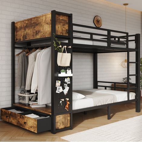 Lit superposé 120 x 200 cm en métal noir et bois foncé avec rangement, penderie, tiroir, panneau perforé et étagères ouvertes, pour chambre d'enfant – CHICFURN (1/5)
