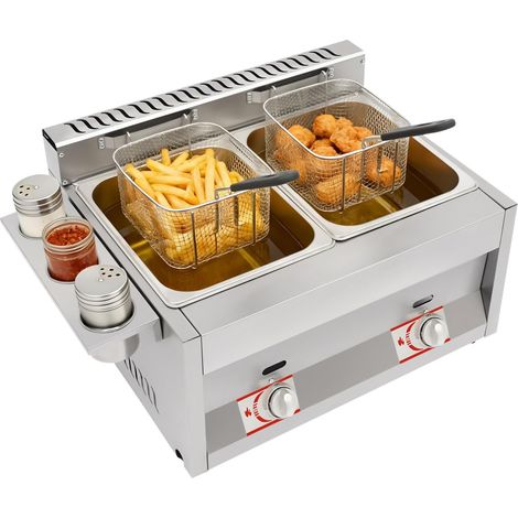 HAUTOUR Friteuse Professionnelle Double Cuve 12L, Friteuse Gaz avec 2 Brûleurs et Contrôle Indépendant, Friteuse Restaurant Commerciale avec Couvercles et Panier Anti-brûlure (1/5)