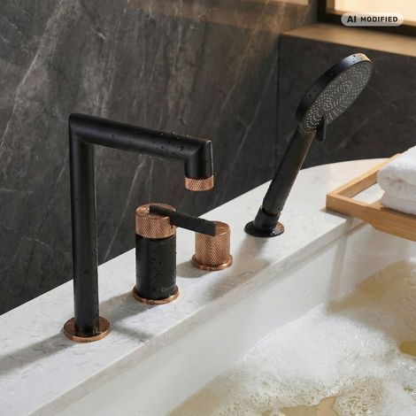 PaulGurkes Robinet de baignoire à encastrer en noir mat et or rose, 4 trous (1/4)