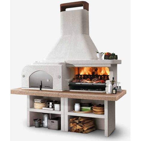 Gargano 3 Masonry Barbecue with Wood Fired Oven - 95L x 204W x 267H - Concrete/Stainless Steel - White/Grey