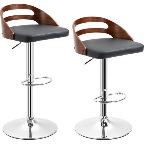 Set aus 2 modernen Barhockern, höhenverstellbar, 360° drehbar, schwarzer Kunstlederbezug, durchbrochene Rückenlehne in Holzoptik