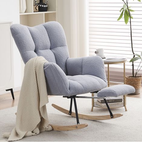 Sedia a dondolo in tessuto Teddy grigio con poggiapiedi estraibile, 80 x 98 x 98,5 cm (1/5)