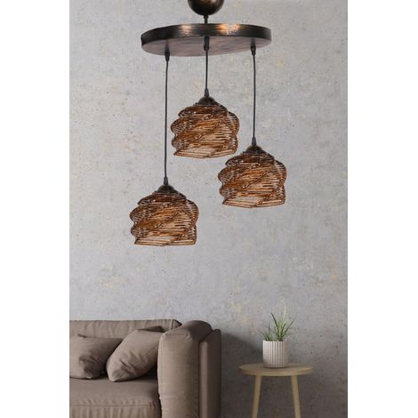 lustre bohème, corps en métal avec capuchon en bois, 35 cm de diamètre, 85 cm de hauteur Finition antique, douille E27, design scandinave rustique (1/2)