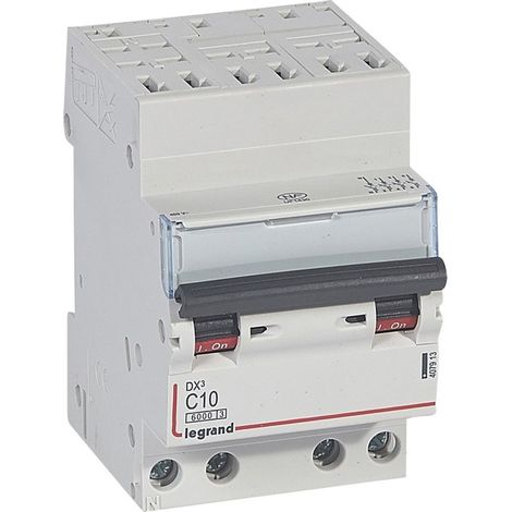 Disjoncteur DX³6000 10kA arrivée haute automatique départ bas à vis 4 Pôles 400V 10A courbe C LEGRAND 407913