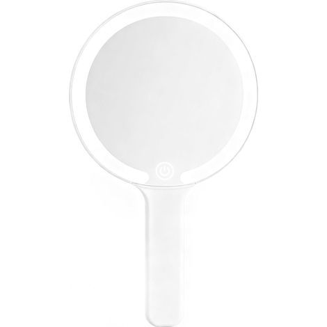 Miroir à Main avec Poignée, Miroir de Maquillage Lumineux Portable, Interrupteur Tactile, 3 Couleurs Claires, pour la Coiffure, Le Maquillage, la Maison, Les Voyages (Rond) (1/4)