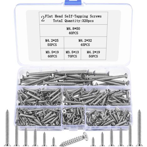 Lot de 320 vis à tôle auto-taraudeuses en acier inoxydable Assortiment de vis à bois M3.5 M4.2 M4.8 Kit de vis cruciformes à tête fraisée pour béton bois (1/5)