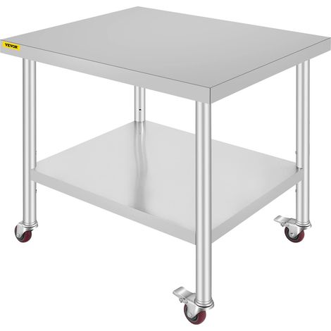VEVOR Tavolo da Lavoro in Acciaio Inox Piano di Lavoro per Cucina 90x76x82cm, Piano di Lavoro da Cucina Hotel Ristorante Commerciale 4 Ruote per Preparazione di Alimenti, Tavolo di Lavoro Piano Doppio (1/5)