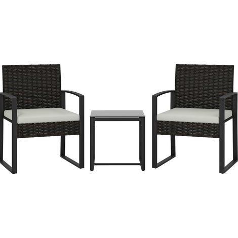 Ensemble de mobilier d'extérieur en rotin 3 pièces avec 2 fauteuils et table basse, coussins crème amovibles (1/5)