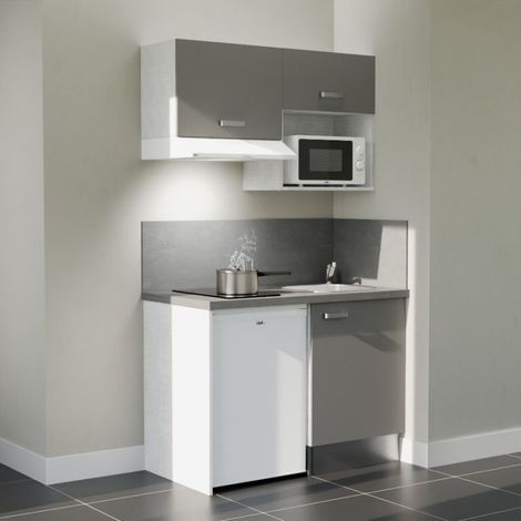 Kitchenette K02L-PT - 120 cm - plan stratifié, évier inox, - Façade Gris - Plan Gris béton - Evier Inox - Crédences Oui + Electroménager inclus coloris Blanc