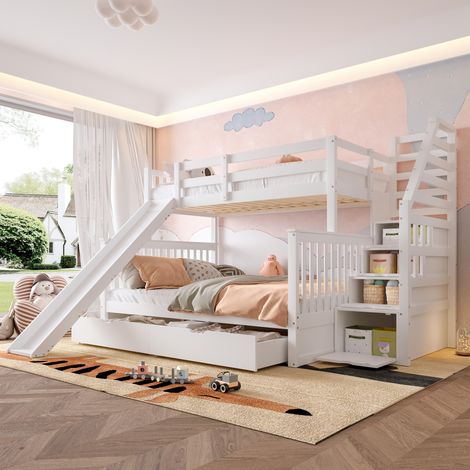 Lit superposé 90 x 200 au-dessus de 140 x 200 avec tiroirs, rangement et toboggan, multifonctionnel, blanc (1/5)