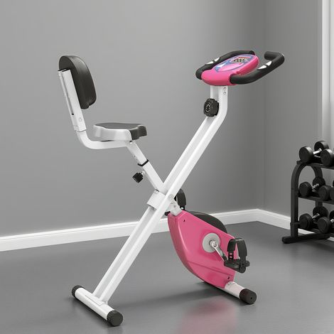 Vélo d'appartement pliable en acier pour le fitness, vélo d'appartement magnétique pliable pour la maison avec hauteur réglable, résistance magnétique à 8 niveaux, écran LCD, 43x97x109cm, rose (1/5)