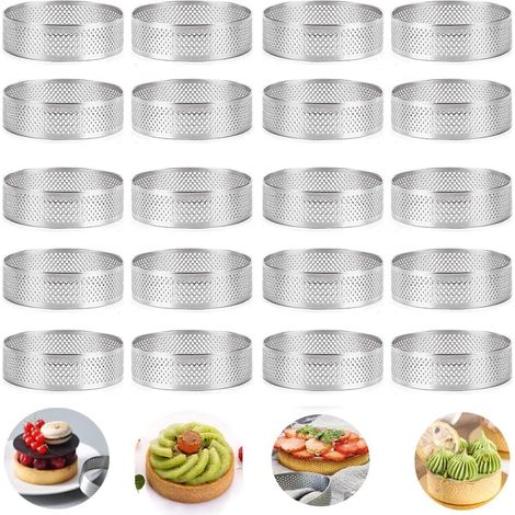 20 Cercles à pâtisserie, Acier inoxydable, 8 cm, Trous de ventilation, Pour mousse et quiches, Cuisine