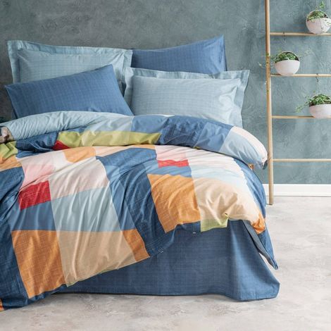 Housse de Couette Double Solon, Taie Incluse, Fermeture Boutons, 220x260 cm bleu (1/4)
