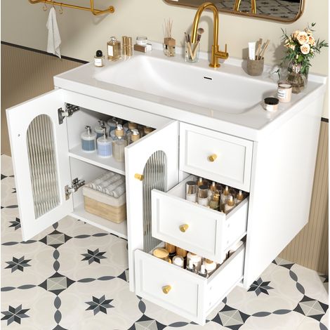 Meuble de salle de bain avec vasque 80 cm, mural, MDF blanc, 2 tiroirs, porte en verre dépoli HAVRYA (1/5)