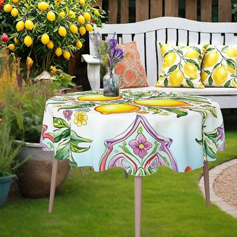Nappe ronde blanche à imprimé citron coloré (1 pièce), thème renouveau printanier, idéale pour les repas décontractés en famille. (1/4)