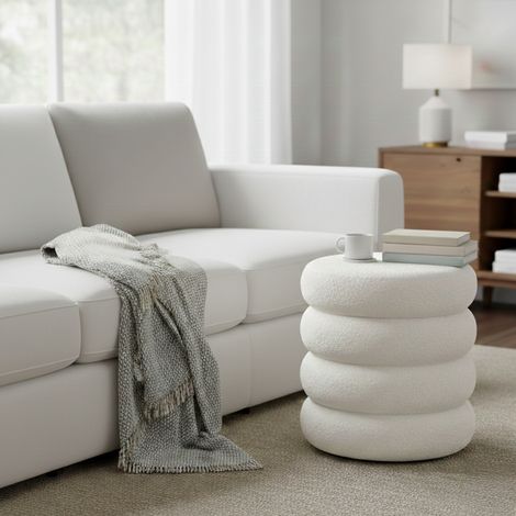 Tabouret de Coiffeuse Rond, Rembourré, avec Rangement, Couvercle Amovible, en Tissu Peluche Teddy, Blanc