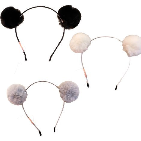 Headband Oreilles De Panda - Bandeau En Velours Avec Pompons Fluffy - Pour Femme Et Fille - 3 Pièces (1/5)