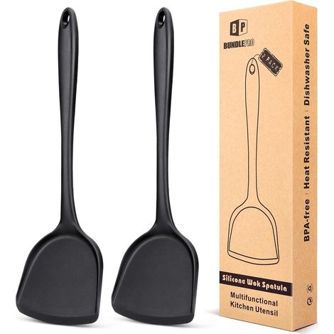 Lot de 2 spatules en silicone pour wok, Anti-adhésive, Résistante à la chaleur, aux taches et aux odeurs, Facile à nettoyer et au lave-vaisselle, la cuisson, la cuisson et le sautoir noir (1/5)