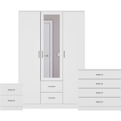 Riano 3 Piece Bedroom Set (2 Drw Bedside Chest, 4 Drw Chest, 3 Dr 2 Drw Mirrored Wardrobe), White (1/3)