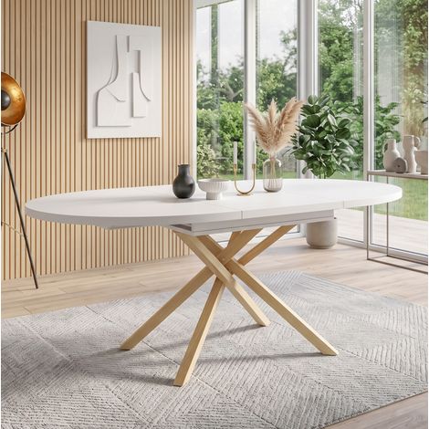 Table à manger extensible 100x100 à 140x100 cm, 4 à 6 personnes, piètement croisé, MDF blanc métal (1/5)
