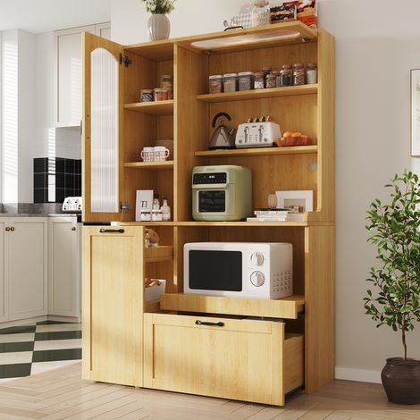 MEUBLIV Buffet haut 98x40x177 cm naturel – étagères réglables, verre strié (1/5)
