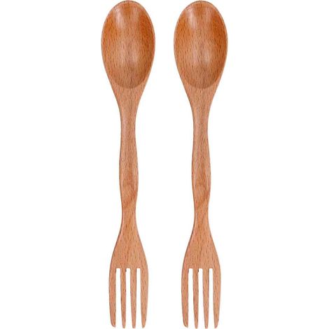 2 Cuillère fourchette en hêtre, ustensile double usage, résistant à la chaleur, pour pique-nique et voyage (1/5)