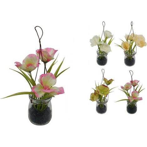 TrAdE Shop Traesio - Set 2 Pz Piantina Fiori Finti Con Vaso Vetro 21cm Decorazione Da Appendere 4 Colori 689196 - (1/3)