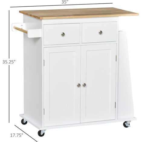 Chariot de cuisine roulant blanc avec plateau en bois d'hévéa, étagère à épices à 3 niveaux et porte-serviettes pour la cuisine. (1/5)