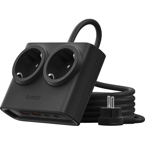 Regleta con 2 tomas de corriente, 2 puertos USB, 25 W, UE, color negro. (1/2)