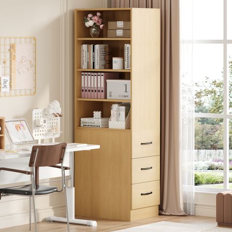 Librería estrecha 180 cm, 3 cajones laterales, 4 nichos 2 ajustables, decoración roble (1/5)