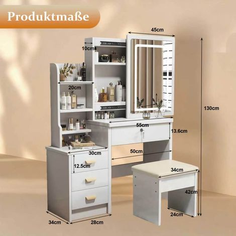 Coiffeuse moderne avec miroir lumineux et tabouret moelleux, ensemble meuble maquillage blanc, 4 tiroirs, spot LED 3 teintes réglables, dimensions L85xH130xP36 cm. (1/5)