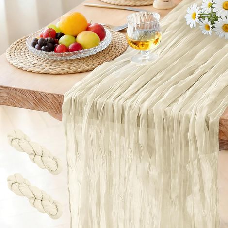 Chemin de Table Beige, 300 x 90 cm Style Bohème Table de Cuisine en Gaze pour Les Mariages, Fête Anniversaires, Noël et Le Nouvel an Décoration (1/5)