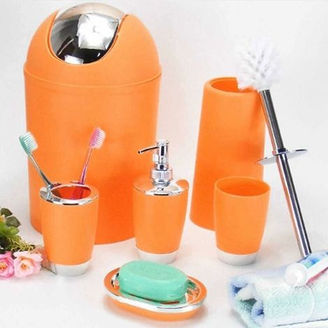 VURAHOME – 6-teiliges Badezimmer-Accessoire-Set: Zahnbürstenhalter, Spülmittelspender, Orange (1/5)