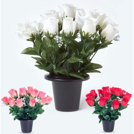 HOMESCAPES Set of 3 Red, Pink & White Rose and Gypsophila Artificial Flowers in Grave Vases