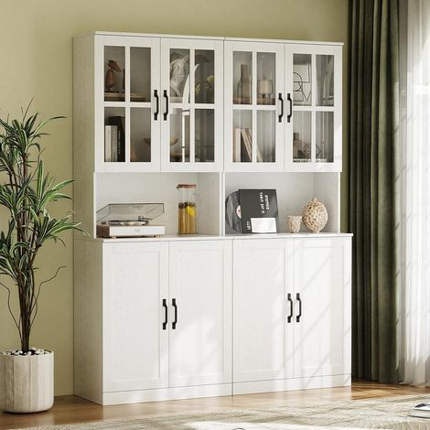 Hochschrank mit Glastüren und offenem Fach, 180cm, 5 Ebenen, Vitrinenschrank weiß (1/5)