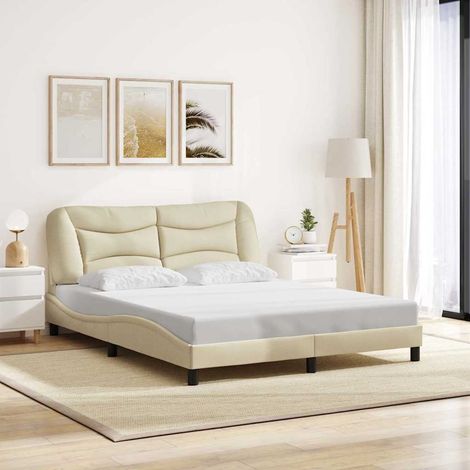 Cadre de lit avec tête de lit 160 x 200 cm en tissu crème, sommier à lattes sans matelas, 31.35kg - PANGIVO (1/5)