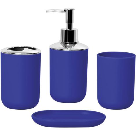 Lot de 4 accessoires de salle de bain avec distributeur de savon, gobelet de salle de bain, porte-savon, porte-brosse à dents et dentifrice (Bleu) (1/5)