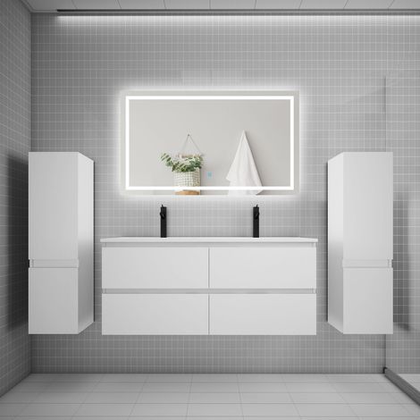 Biubiubath – Ensemble de meubles de salle de bain 120 cm – Vasque avec colonne de rangement – Miroir LED 120x70 cm – Montage facile inclus (1/5)
