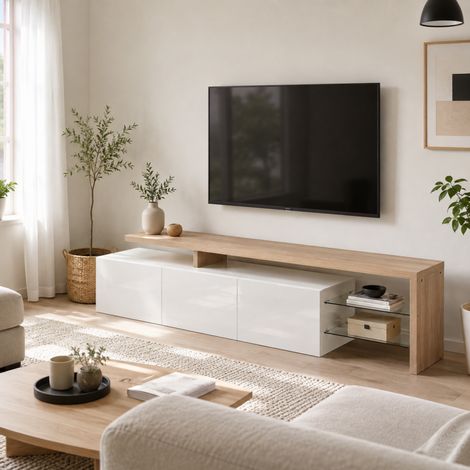 Meuble tv 200x39x42 cm , Meuble Télé avec 3 portes fermées, Console TV avec Réglable LED, Armoire bas tv, Table Télé, blanc, pour Salon, Chambre, pour Télévision jusqu'à 65 Pouces (1/5)