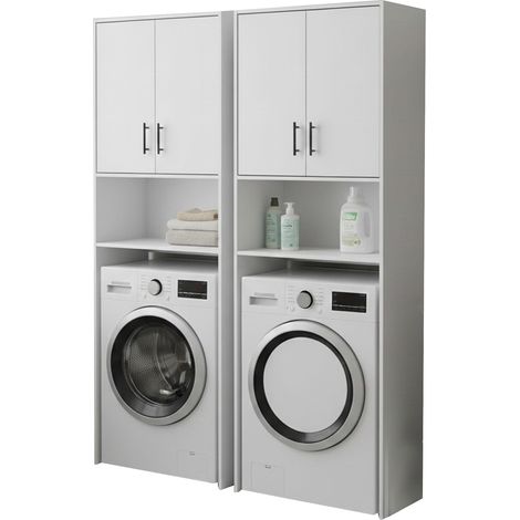 Set Mobili per Lavanderia Delebio, set Ripostiglio 4 Ripiani, 6 Vani, Apertura Battente, Bianco