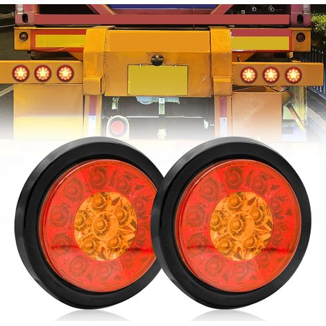 2PCS 4" LED Feu Arrière de Remorque,Rond Feux arrières à 24V Camion Remorque Bateau Arrière Feu Arrière Frein Feu de Brouillard Inversé avec Anneau Chromé (Noir-Rouge (1/5)
