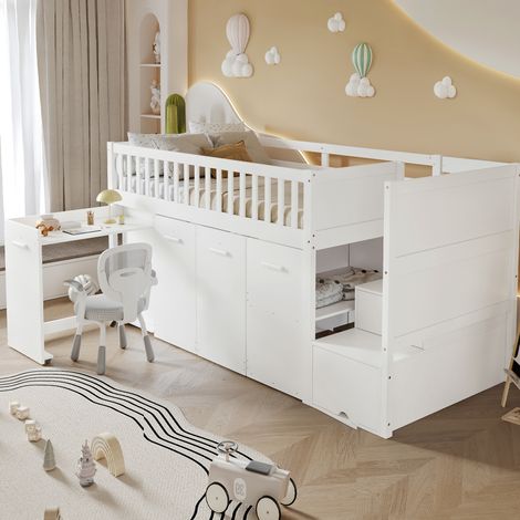 DESVIAE Lit superposé enfant multifonction avec bureau coulissant rangements armoire placards escalier de rangement barrière de sécurité bois blanc 90 x 200 cm (1/5)