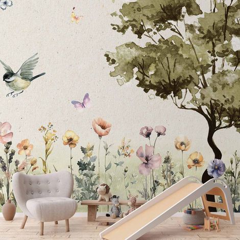 Fototapete – Frühlingswiese – eine Lichtung mit in Aquarell gemalten Blumen (1/5)