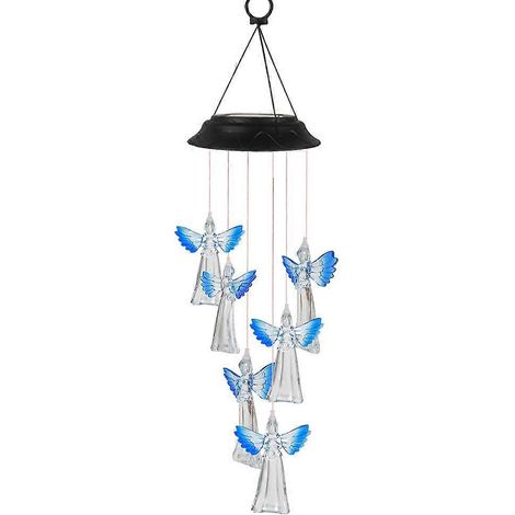 Carillon solaire lumineux décoratif pour jardin extérieur, motif ange, étoiles et oiseaux porte-bonheur
