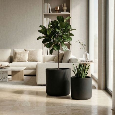 Planteur de béton rond Ensemble de 2, grands pots de planteur décoratif rustique à l'intérieur fait à la main avec trous de drainage pour patio de jardin à la maison, 34 x 32 cm et 40 x 40 cm (noir)