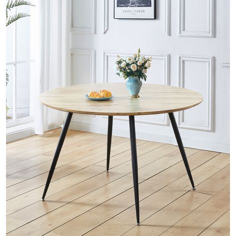 Hallowood Furniture Cullompton Large Round Dining Table, 120cm Stylish Oak-Effect Top Round Kitchen Table with Black Metal Legs, Ideal for Modern 4-6 Seater Dining Spaces (1/5)