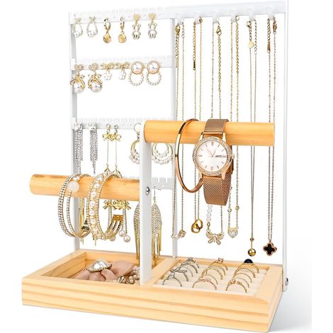 Espositore per gioielli, porta gioielli da donna a 4 livelli, espositore per collane con vassoio per orecchini, anelli, bracciali e orologi (bianco)