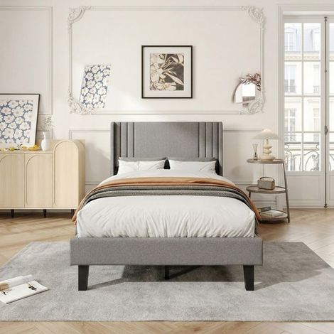 Testiera del letto - Letto imbottito - 90 x 200 cm - Rete a doghe - Rivestimento in lino grigio (1/5)