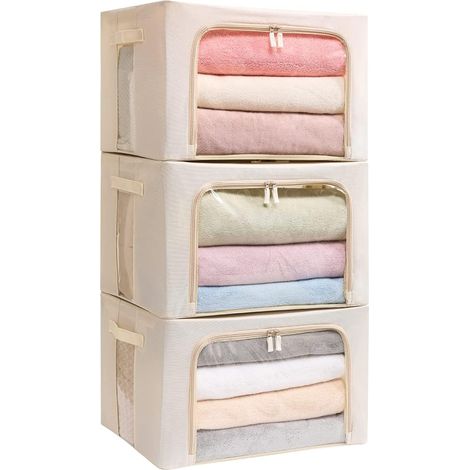 Lot de 3 boîtes de rangement à cadre - Sacs de rangement pour vêtements en tissu Oxford, pliables et empilables, avec fenêtre transparente et poignées de transport, grande capacité (beige, grand - 66  (1/5)